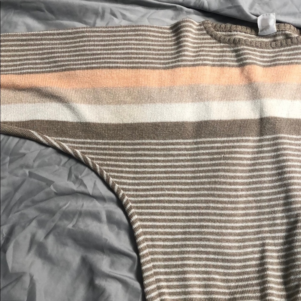 knitted peach, white, tan striped sweater